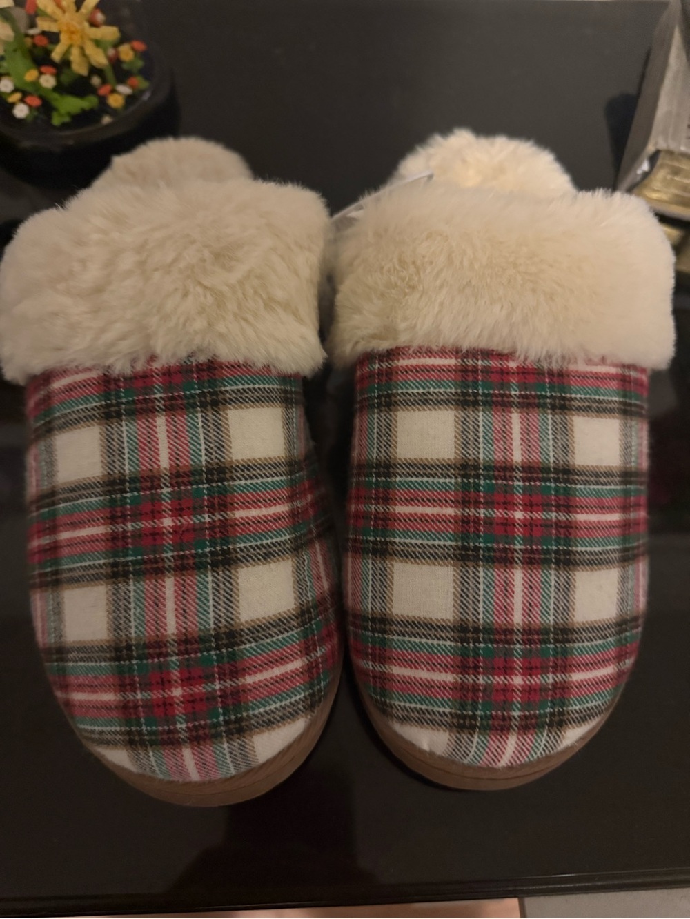 J. Crew Factory Plaid Cuffed Slippers in Cream, Red & Green
